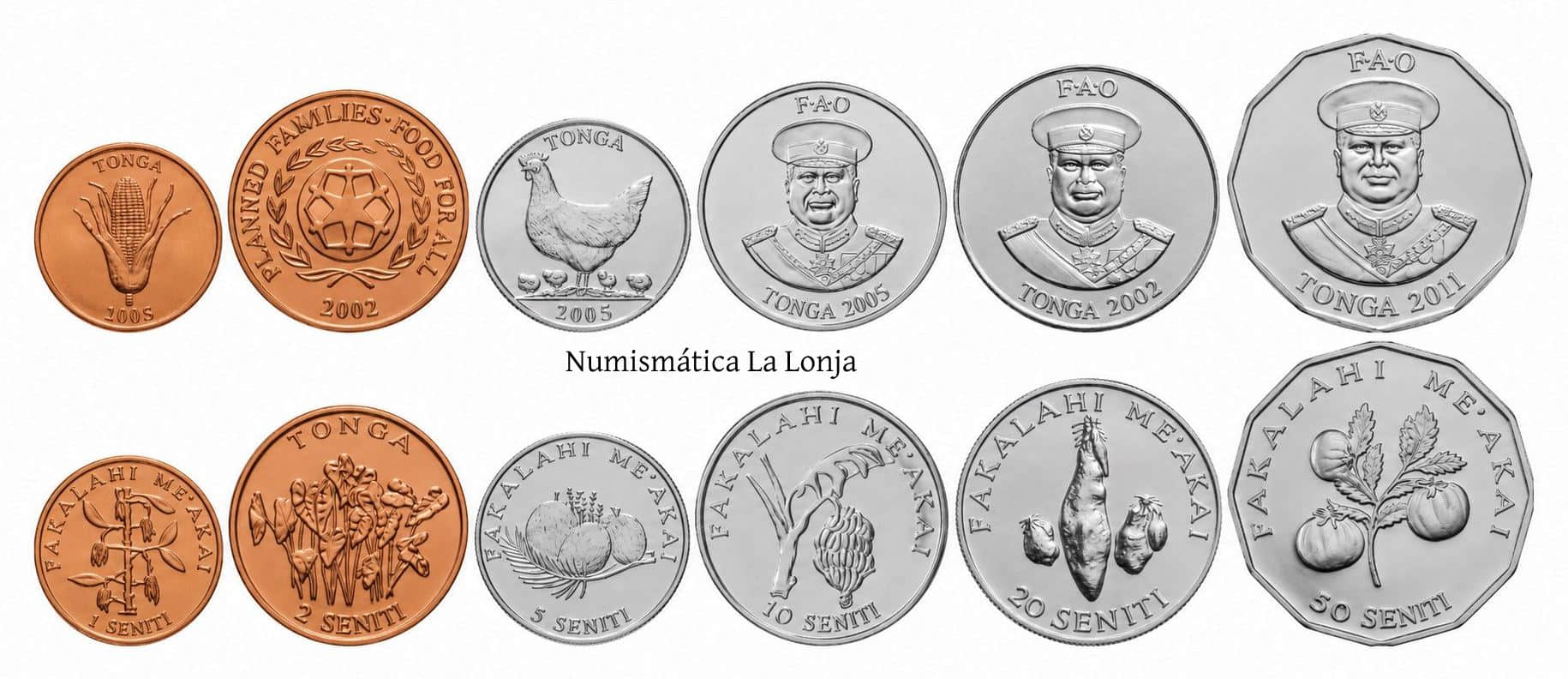 Tonga Set 6 monedas 1 2 5 10 20 50 Seniti FAO 2002-2011 Km 66a-236 Sc Unc