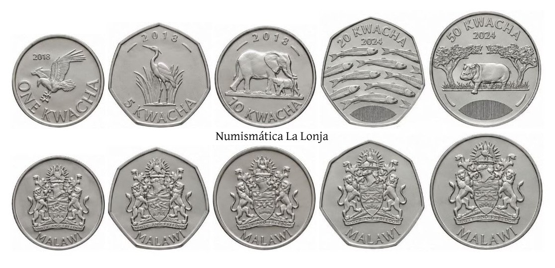 Malawi Set 5 monedas 1 5 10 20 50 Kwacha 2018-2024 Km 212-Nuevo Sc Unc