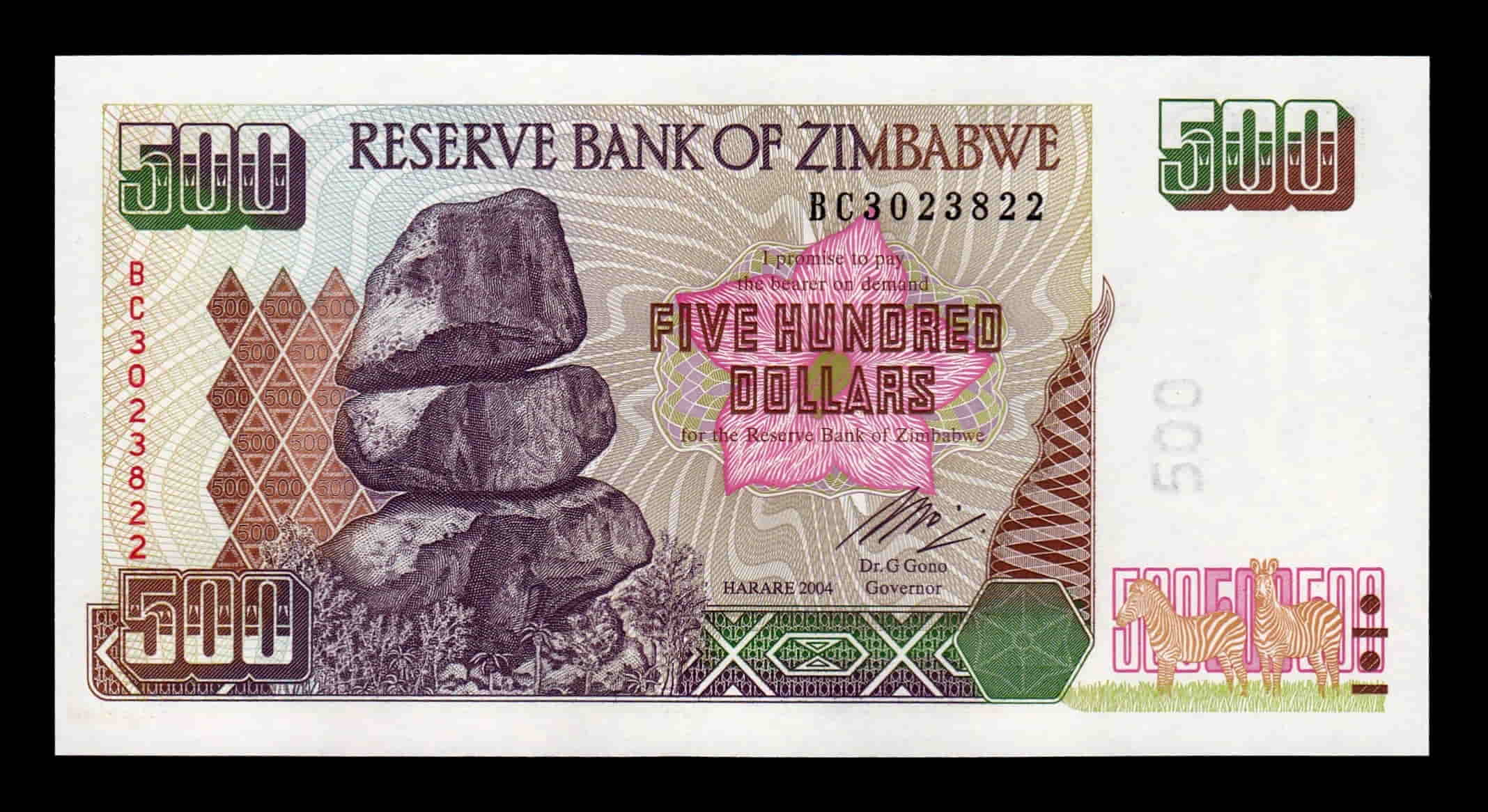 Zimbabwe 500 Dólares 2004 Pick 11b Sc- aUnc